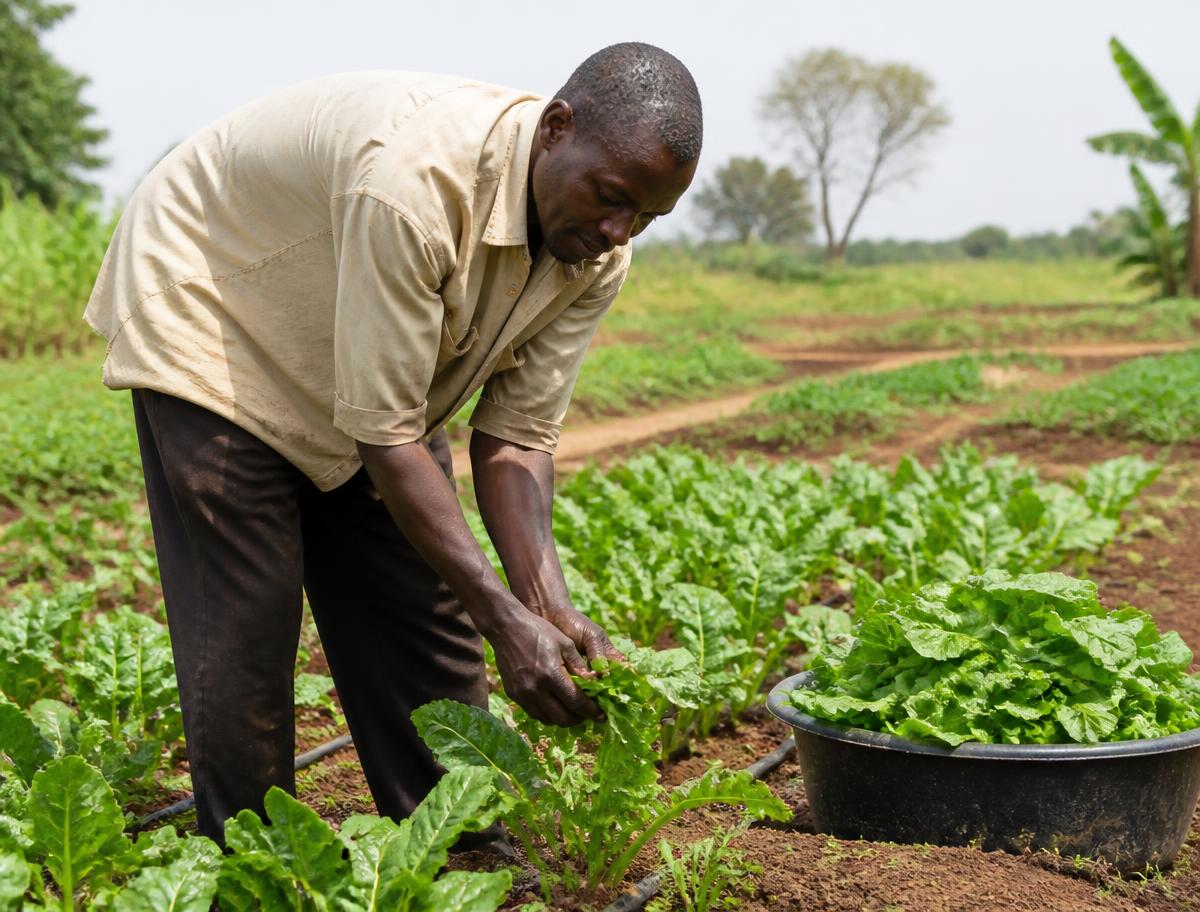 Agricultor angolano cuidando de uma horta irrigada